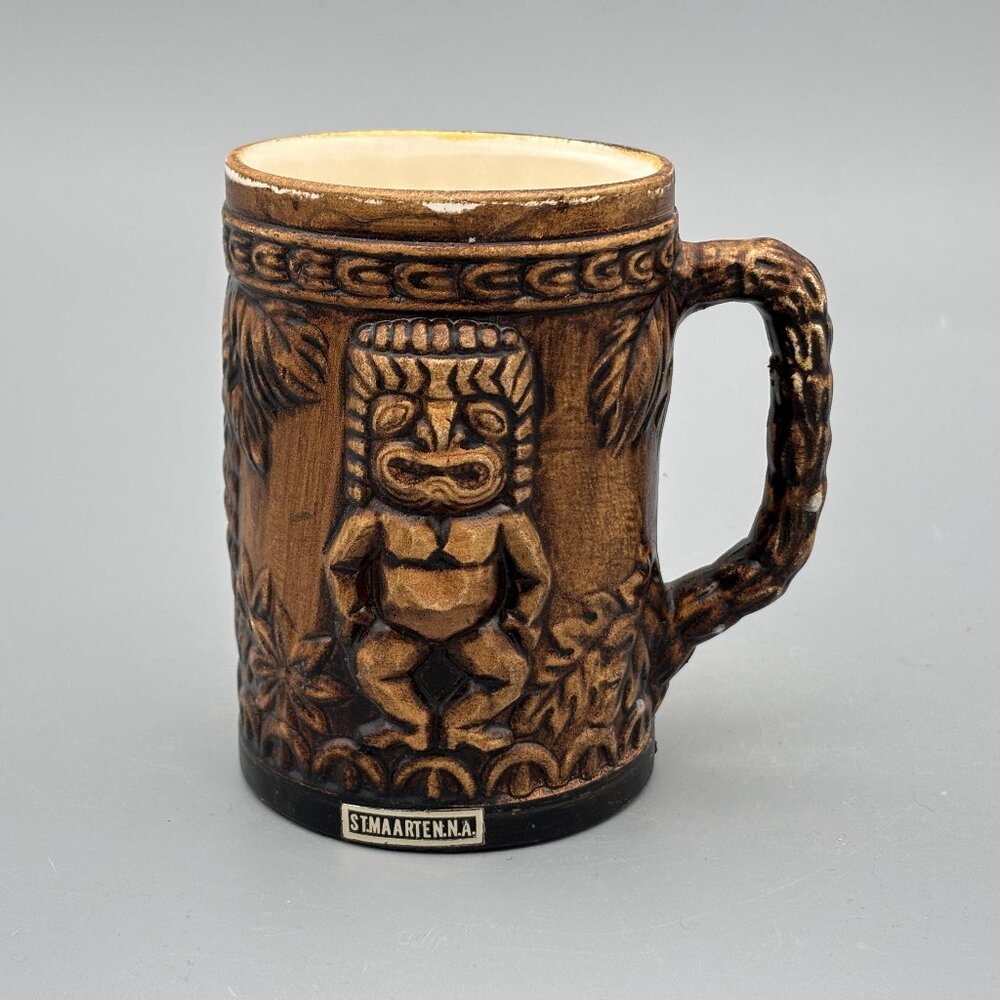 Vintage St Maarten Beer Stein Brown Ceramic Mug Caribbean Souvenir Barware Tiki